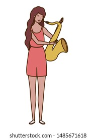 young woman with saxophone on white background