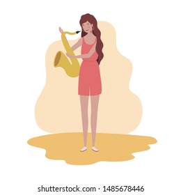 young woman with saxophone on white background