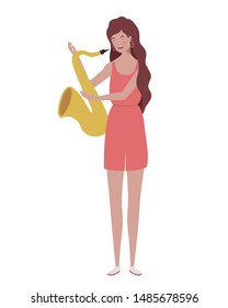 young woman with saxophone on white background