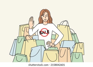 Young Woman Say No To Shopping And Shopaholics Follow Minimalistic Approach To Life. Girl Against Fast Fashion. Concept Of Reasonable Consumption. Flat Vector Illustration. 