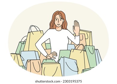 Young woman say no to shopping and shopaholics follow minimalistic approach to life. Girl against fast fashion. Concept of reasonable consumption. Flat vector illustration. 