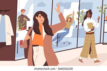 Young woman saying goodbye to colleagues and going home after end of work day in office. Female character leaving workplace. Everyday routine. Flat vector illustration