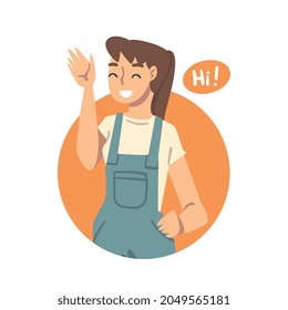 Young Woman Saying Hello and Showing Hand Greeting Gesture Vector Illustration