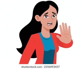 young woman saying no stop with hand. Flat vector illustration white