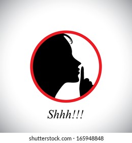 young woman saying shh & gesturing using her forefinger - concept vector. This graphic contains a young girl raising her hand  indicating to stop talking, making noise & to be silent