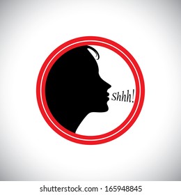 young woman saying shh to silence other people's noise - concept vector. This graphic contains a young girl whispering words 'shhh' to stop talking & making noise & to be silent