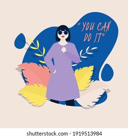Young Woman Saying You Can Do It With Leaves Decorated On Blue And Beige Background.