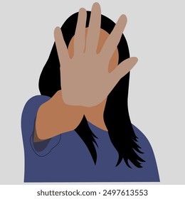 Young woman says NO with her palm or forehand. Strong female protests and expresses disagreement. STOP and ENOUGH of domestic violence, gender inequality, abuse and bullying. Women's rights concept.