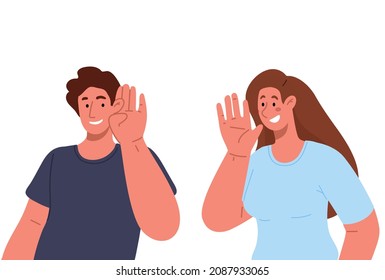Young woman says something to her husband, man listens attentively and smiles.Couple of happy people talking.Vector flat illustration isolated on white background.