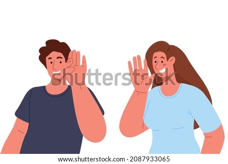 Young woman says something to her husband, man listens attentively and smiles.Couple of happy people talking.Vector flat illustration isolated on white background. Foto d'archivio © 
