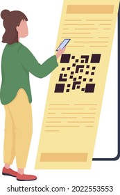Young woman scanning QR code semi flat color vector character. Full body person on white. Avoiding physical contact solution isolated modern cartoon style illustration for graphic design and animation