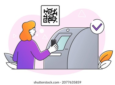 Young woman is scanning QR code using smartphone for payment. Colorful linear template for landing page template, ui, web, mobile app, poster, banner, flyer. Flat cartoon vector illustration