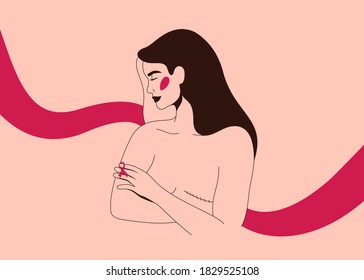 Young woman with scar on her breast embraces yourself and holds pink ribbon symbol for Breast cancer Awareness Month. Vector concept of support and solidarity with women fight oncological disease. 