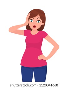 Young woman scared face expression with her hands on the head. Vector illustration in cartoon style.