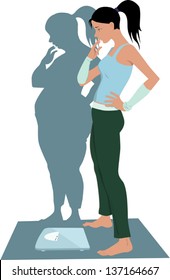 Young woman scared to step on the bathroom scale because of her distorted body image, vector illustration, no transparencies