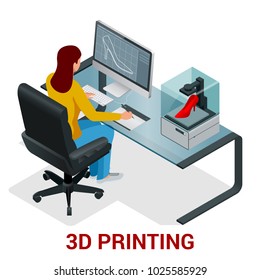 Young woman or school girl print 3D model on 3D printer. Development and printing of clothing. Vector isometric illustration