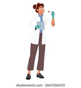 Young woman scientist cartoon character wearing lab coat and protective goggles holding digital mobile tablet analyzing samples using modern technology vector illustration isolated on white background