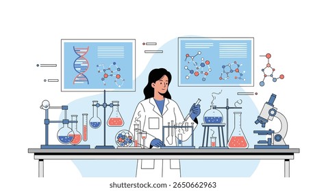 A young woman scientist in a laboratory conducting research with microscopes and scientific equipment analyzing molecular structures