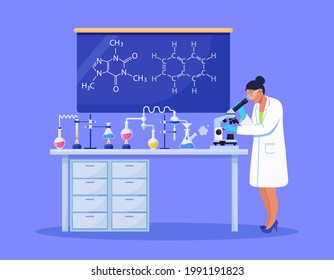 Junge Wissenschaftlerin, die ein Mikroskop in einem Labor durchsucht, das chemische Forschung, mikrobiologische Analyse oder medizinische Tests durchführt. Vektorgrafik