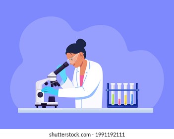 Young woman scientist looking through a microscope in a laboratory doing chemical research, microbiological analysis or medical test. Vector illustration