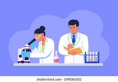 Young woman scientist looking through a microscope in a laboratory doing chemical research, microbiological analysis or medical test. Man with a folder writes down the results. Vector illustration.