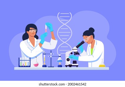 Young woman scientist looking through a microscope in a laboratory doing chemical research, microbiological analysis, test. Biochemical science laboratory staff performing experiments of vaccine