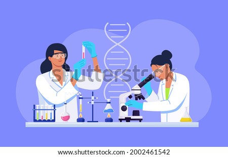 Young woman scientist looking through a microscope in a laboratory doing chemical research, microbiological analysis, test. Biochemical science laboratory staff performing experiments of vaccine Zdjęcia stock © 
