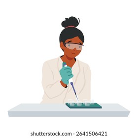 Young woman scientist researcher conducting chemical experiment making analysis at laboratory cartoon scene. Biotechnology science, agricultural research, ecology lab tests vector illustration