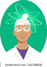 Young woman scientist  in a white lab coat with elemental particles spinning around her head , EPS 8 vector illustration