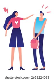 Jovem repreendendo um estudante segurando uma mochila, conceito de conflito, briga, desacordo, estresse, mal-entendido, problemas e questões de comunicação