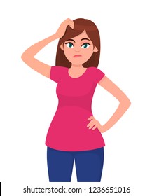 Young woman scratching her head. 
Puzzled girl scraping hair, feeling doubt or hesitating.  Question and doubt concept, human expression and body language concept illustration in vector cartoon style.