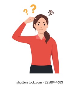 Young woman scratching her head. Puzzled girl scraping hair, feeling doubt or hesitating. Question and doubt concept, human expression and body language. Flat vector illustration isolated on white