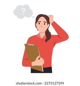 Young woman scratching her head. Puzzled girl scraping hair, feeling doubt or hesitating. Question and doubt concept holding clipboard, human expression and body language.