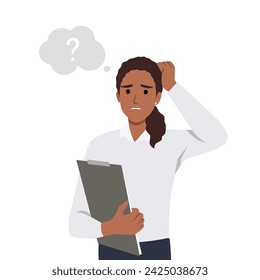 Young woman scratching her head. Puzzled girl scraping hair, feeling doubt or hesitating. Flat vector illustration isolated on white background