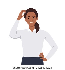 Young woman scratching her head. Puzzled girl scraping hair, feeling doubt or hesitating. Question and doubt concept, human expression and body language concept. Flat vector illustration