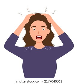 Young woman scratching her itchy scalp on hair in flat design on white background. Dandruff problem.