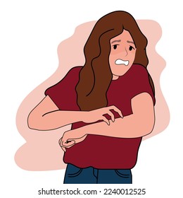 Young woman scratching her itchy arm. Skin problem.