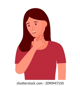 Young Woman Scratching Her Neck. Female Suffering From Strong Allergy Skin Itchy Symptom In Flat Design. Red Rash Skin Irritation.