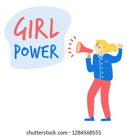 Young woman screaming into a red megaphone "Girl power" Vector illustration in cartoon style.