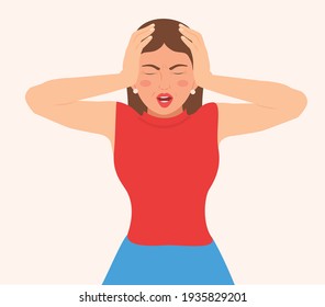 Young woman screaming and keeps hands on head. Face expression with negative emotions. Insane or annoyed woman shouting angrily with open mouth and closed eyes in despair. isolated Vector illustration