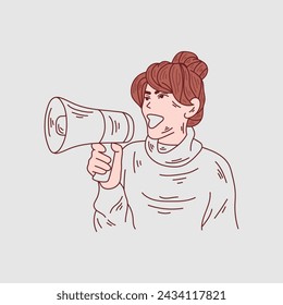 Young woman screaming in megaphone vector illustration. Flat