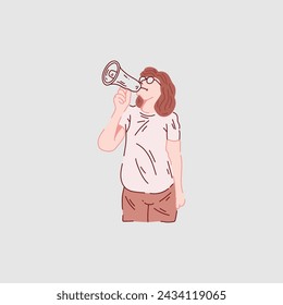 Young woman screaming in megaphone vector illustration. Flat