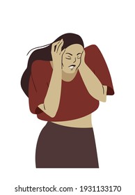 A young woman screams with her hands to her head. Illustration of a nervous breakdown, tantrum. Vector image on a white background.