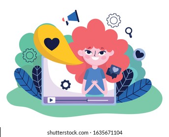 young woman screen device talking love romantic social media vector illustration