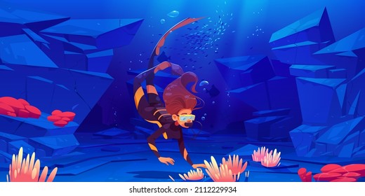 Young woman scuba diver explore sea bottom with seaweeds and corals. Girl in mask and costume explore underwater tropical reef, ocean world, female character snorkeling, Cartoon vector illustration