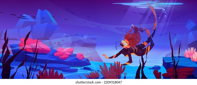 Young woman scuba diver explore underwater tropical reef, sea bottom with seaweeds and corals. Girl in mask and costume in ocean world, adventurer female character snorkel, Cartoon vector illustration