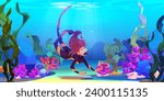 Young woman scuba diver in suit, mask and snorkel for underwater immersion swims in sea and explores corals, algae and sunken objects on sandy bottom. Cartoon vector marine landscape of diving concept