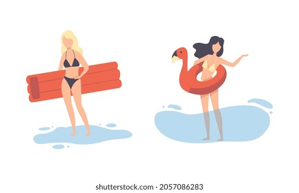 Young Woman at Sea Shore with Inflatable Lounge and Rubber Ring in Water Vector Set