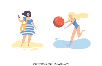 Young Woman at Sea Shore Playing Inflatable Ball and Taking Selfie Vector Set