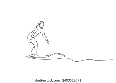 young woman sea surf sport active lifestyle one line art design